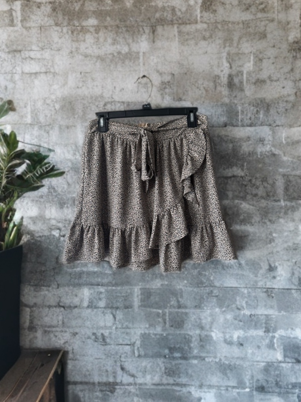 Altar'd State Brown and White Cheetah Print Mini Skirt with Ruffle and Belt